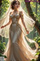 A woman in a wedding dress standing in the woods.