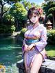 A woman in a kimono sitting on a stone wall next to a pond.