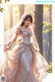 A woman in a wedding dress standing in the woods.