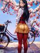 A girl standing next to a bike with flowers in the background.